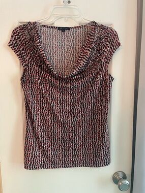 Anne Klein Black and Red Printed Cowl Neck Cap Sleeve Top